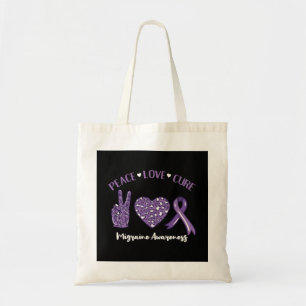 Tote Bag Peace Love Cure Migraine Awareness Ruban