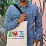 Tote Bag Peace Love Epidemiology<br><div class="desc">A cute epidemiologist Christmas gift that features a peace sign,  heart,  and a circle of people to represent the branch of medicine that studies diseases and health to determine disease factors and prevention. Peace Love Epidemiology.</div>