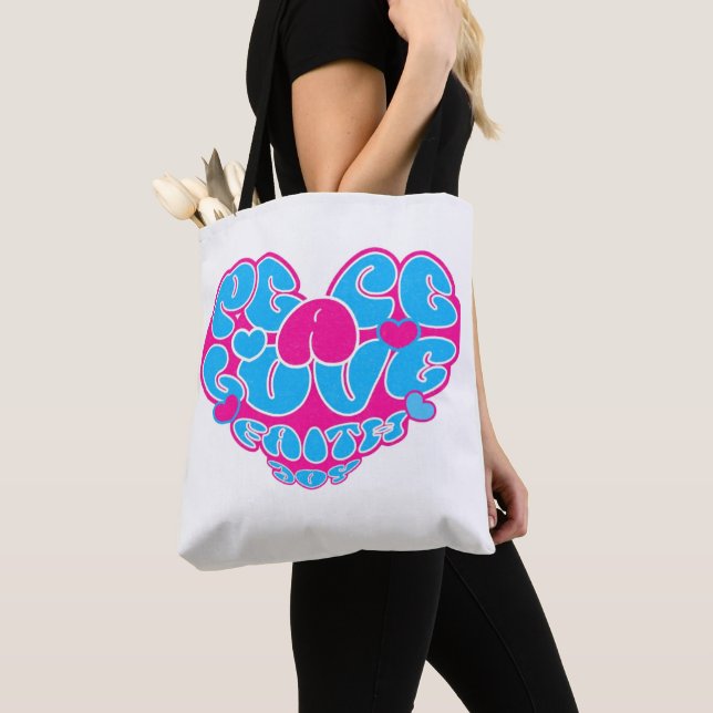 Tote Bag Peace Love Faith Joy Aqua Pink Heart Retro Fourre- (De près)