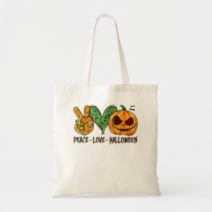 Tote Bag Peace Love Halloween Leopard Citrouille Happy Hall