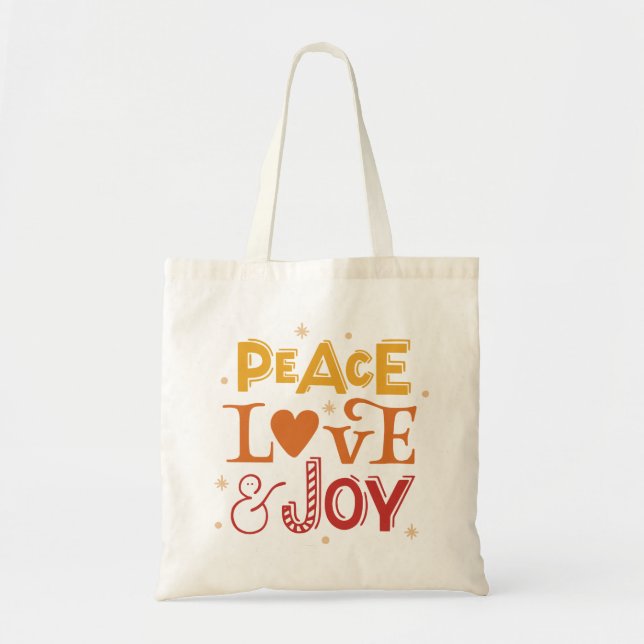Tote Bag Peace Love Joy. Lettres rouges jaunes de Noël (Devant)