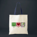 Tote Bag Peace Love Mardi Gras<br><div class="desc">Panneau de paix,  coeur et perles violettes et vertes derrière un masque gras mardi. La semaine la plus amusante du mois de mars !</div>