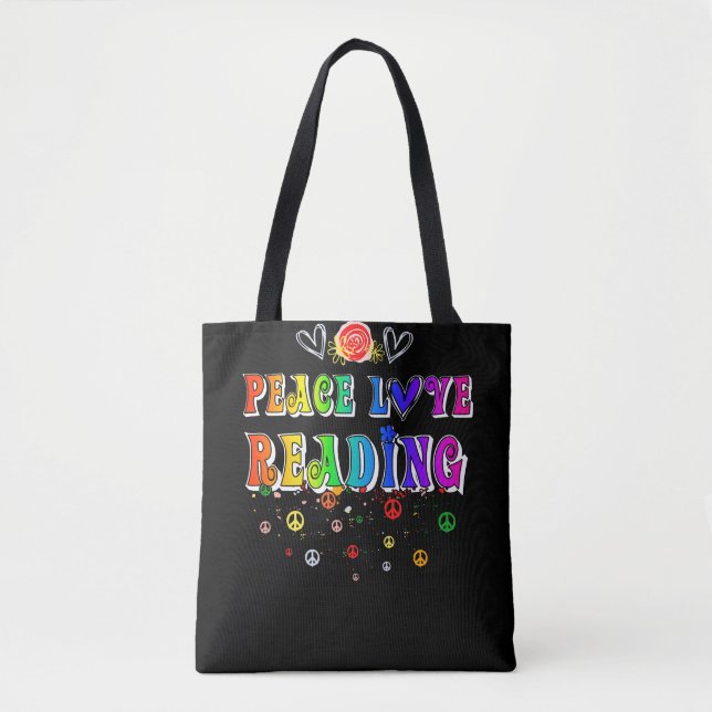 Tote Bag Peace Love Reading Cute Floral Heart (Devant)