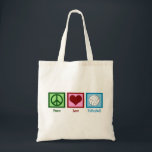 Tote Bag Peace Love Volley<br><div class="desc">Un signe de paix,  un coeur,  et un joli volley sur un carré bleu. J'adore le volley,  la plage,  l'intérieur,  vous le nommez !</div>