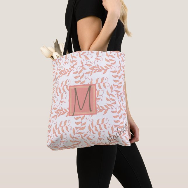 Tote Bag Peach Floral Leaf Natural Trendy Monogramme (De près)