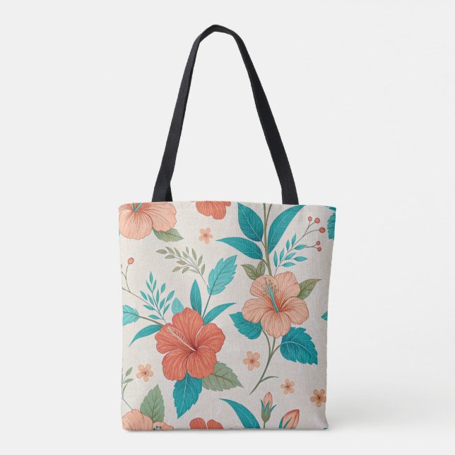 Tote Bag Peach Hibiscus Floral (Dos)