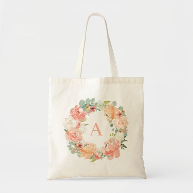 Tote Bag Peach Peonas et Eucalyptus Wreath Monogramme (Devant)