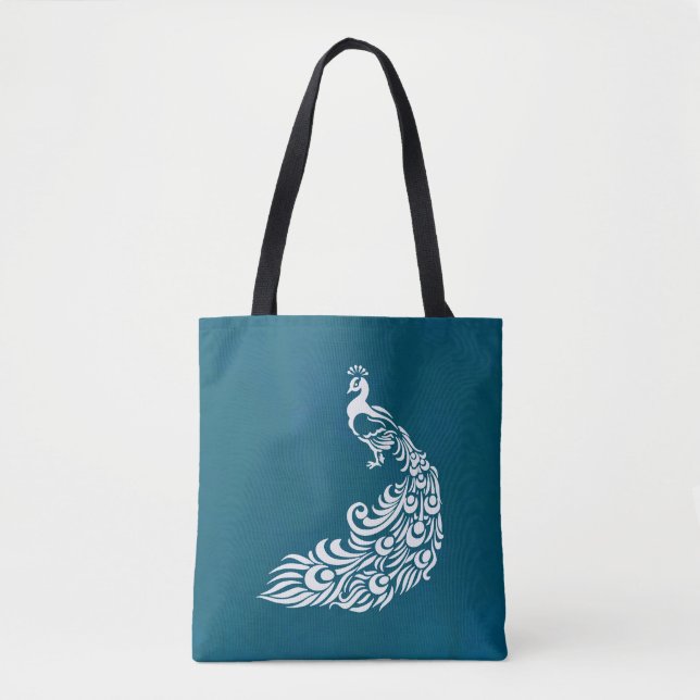 Tote Bag Peacock blanc sur design Art déco chic Turquoise (Devant)