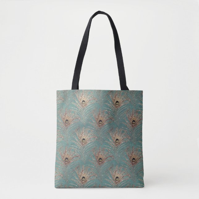Tote Bag Peacock plume motif or turquoise élégant (Devant)