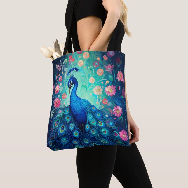 Tote Bag Peacock - Plumes d'Aqua Vert Bleu & Fleurs Roses (De près)