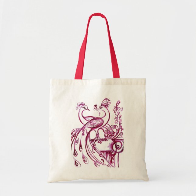 Tote Bag PEACOCKS EN AMOUR rouge blanc (Devant)