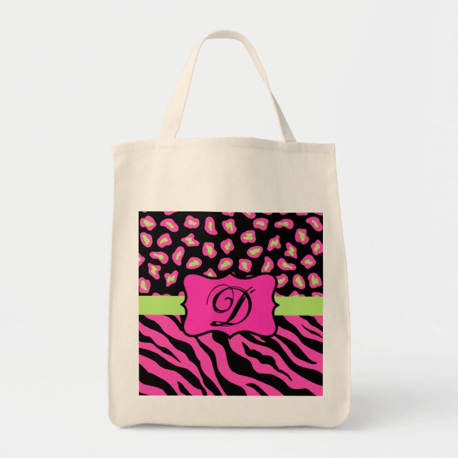 Tote Bag Peau rose, noire et citron vert Zèbre et Cheetah (Devant)