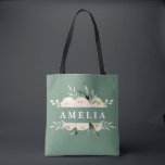 Tote Bag Pêche et aquarelle verte fleurie et feuillage<br><div class="desc">Poche et vert aquarelle fleurie & feuillage design. Idéal anniversaire,  Noël,  Pâques,  remise des diplômes,  mariage,  mariage ou baby shower,  service de bachelorette.</div>