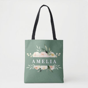 Tote Bag Pêche et aquarelle verte fleurie et feuillage
