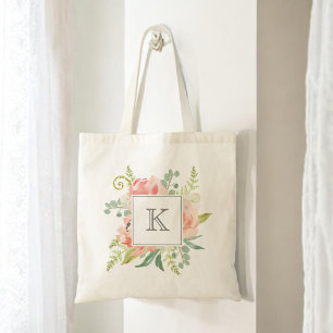 Tote Bag Pêche et crème Aquarelle Florale avec Monogramme