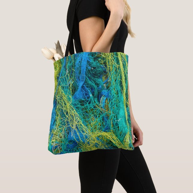 Tote Bag Pêche Net bleu et jaune (De près)