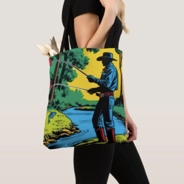 Tote Bag Pêcheur Cow-boy sur la rive (Retro Cowboy Fishing Riverside Scene Travel Tote Bag, laminated  for extra support. Made in USA. 
)