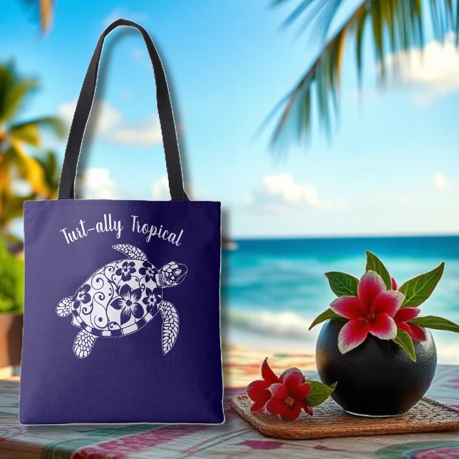 Tote Bag Pêcheur de tortue hawaïenne Aesthétique Bleu foncé (Hawaiian Turtle-Tropical Flowers, Elegant hawaiian Tribals, summer, beach, fisherman aesthetic Tote)