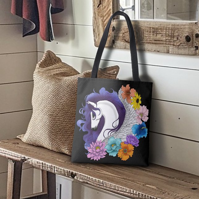 Tote Bag Pegasus Noir Floral (Créateur téléchargé)