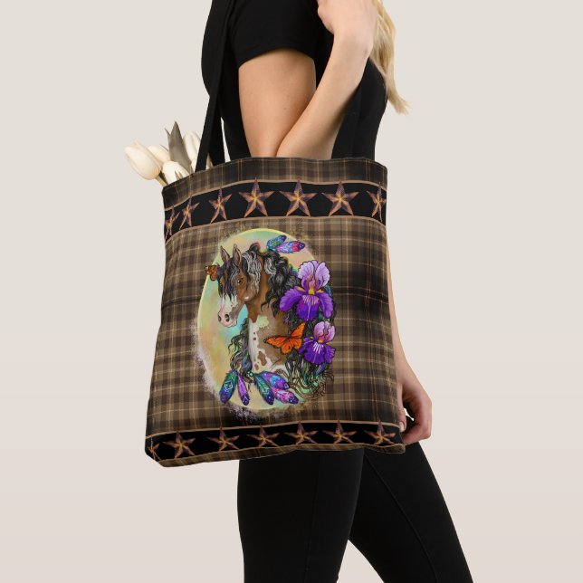 Tote Bag Peindre Cheval Mustang avec Iris et papillons (De près)