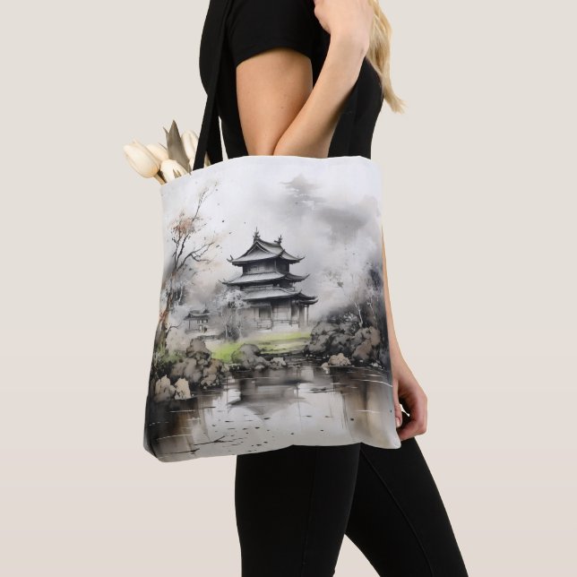 Tote Bag Peinture à l'encre de maison et de lac (De près)