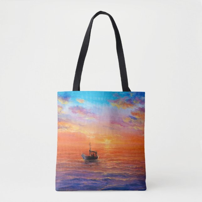 Tote Bag  Peinture à l'huile abstraite de bateau de pêche e (Devant)