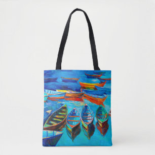 Tote Bag peinture à l'huile de bateaux et mer sur toile. Co