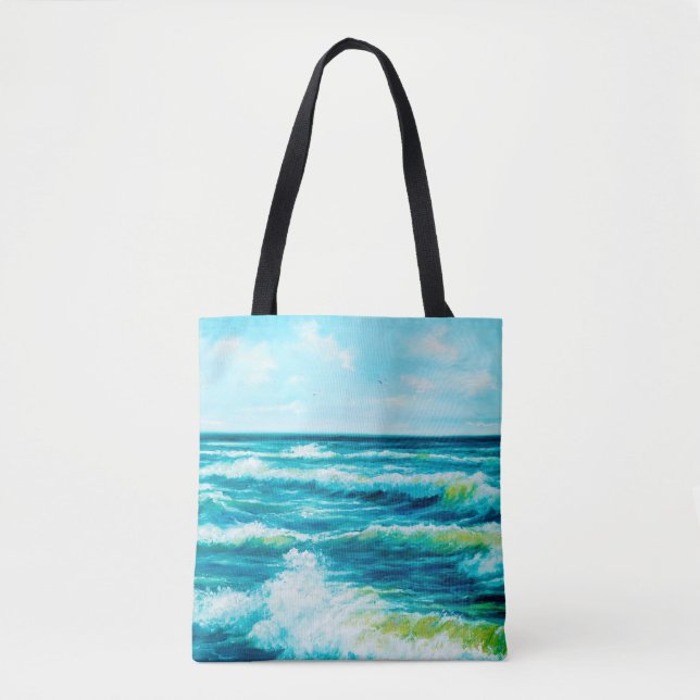Tote Bag  peinture à l'huile montrant les vagues de l'océan (Devant)
