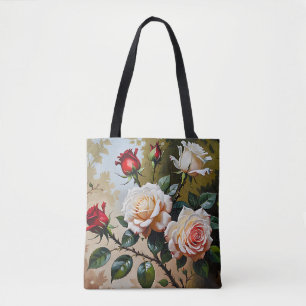 Tote Bag Peinture à l'huile rose blanche et rouge