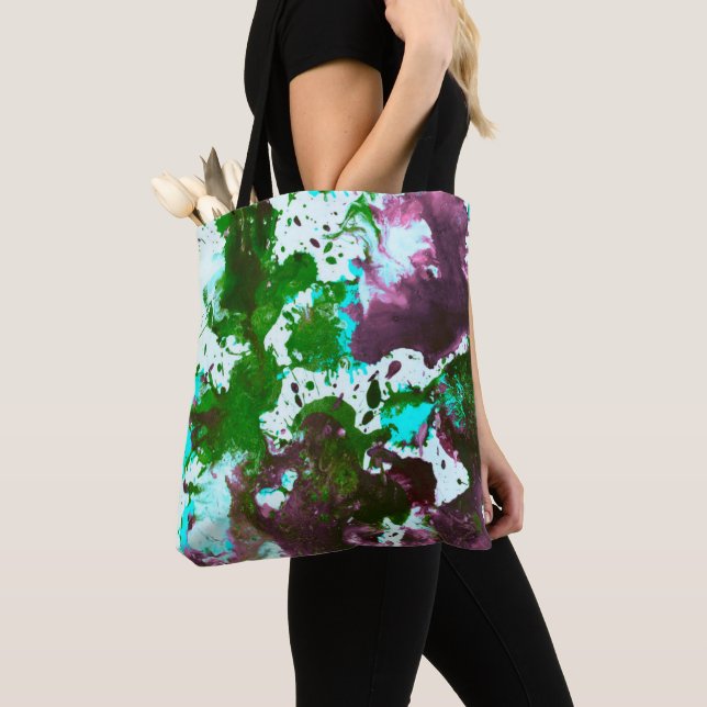 Tote Bag Peinture Abstraite colorée vert et violet (De près)
