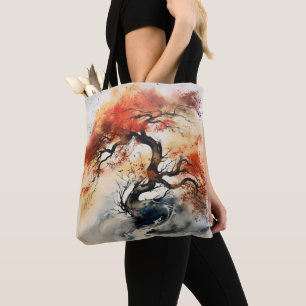 Tote Bag Peinture Abstraite d'encre d'arbre d'automne