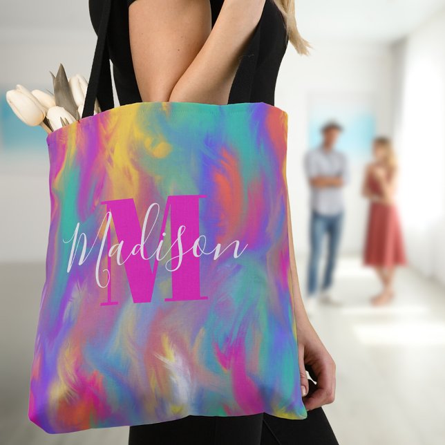 Tote Bag Peinture Abstraite Turquoise violet violet rose Mo (Modern abstract colorful splatter paint monogram tote bag)
