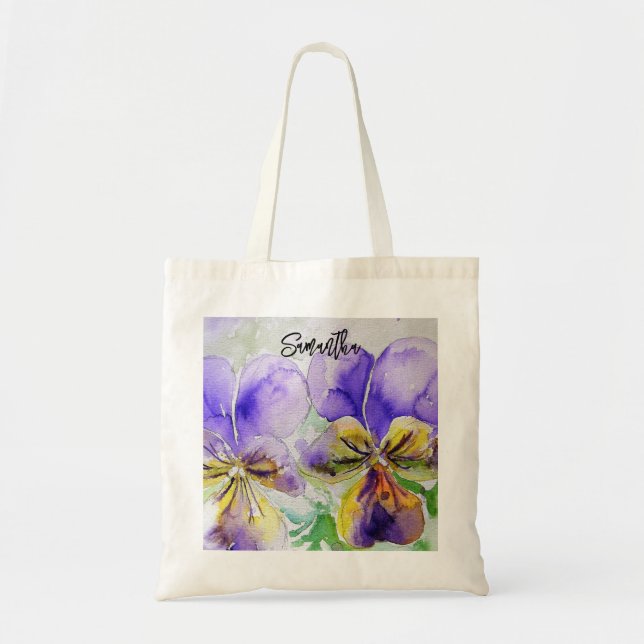 Tote Bag Peinture aquarelle de pensées violettes (Devant)