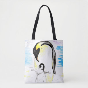 Tote Bag Peinture aquarelle du Manchot Empereur et de son p