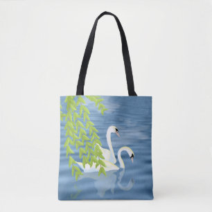 Tote Bag Peinture Couple bleu et vert de cygnes sur le lac