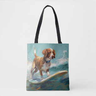 Tote Bag Peinture de Brittany Spaniel faisant du surf sur l