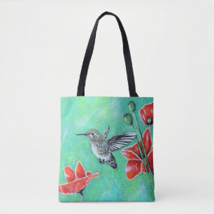 Tote Bag Peinture de colibri et de pavots
