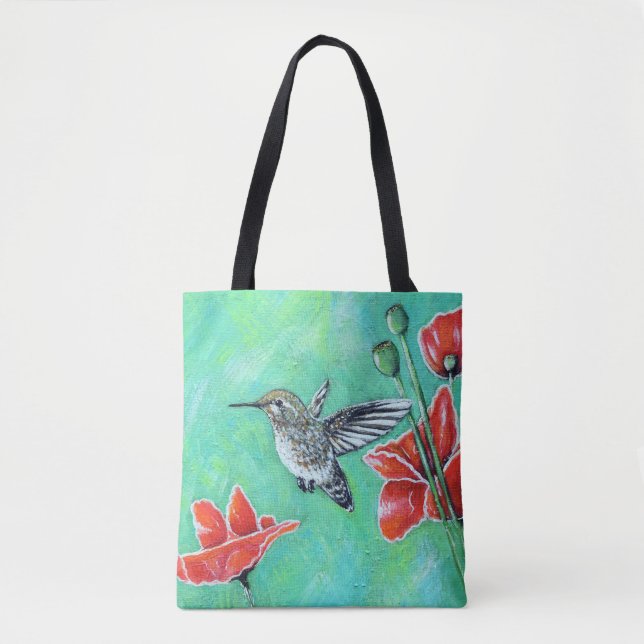 Tote Bag Peinture de colibri et de pavots (Devant)