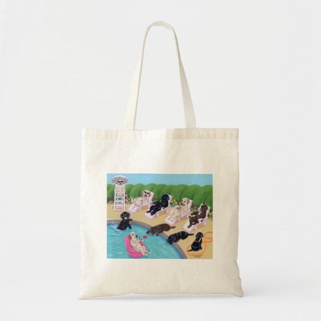 Tote Bag Peinture de Labradors de partie de Poolside (Devant)