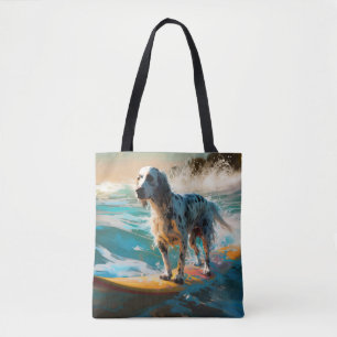 Tote Bag Peinture de Surf sur la Plage avec Setter Anglais