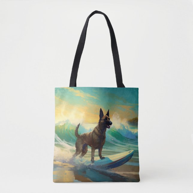 Tote Bag Peinture de Surf sur Plage Malinois Belge (Devant)