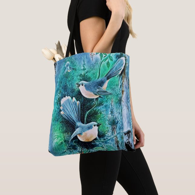 Tote Bag Peinture d'oiseaux bleus d'hiver (De près)