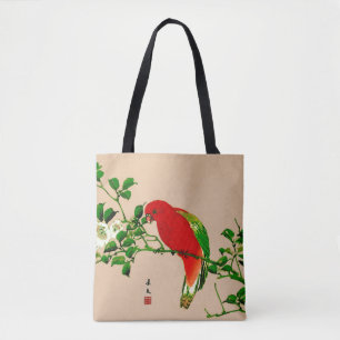 Tote Bag Peinture japonaise vintage d'un perroquet, rouge e