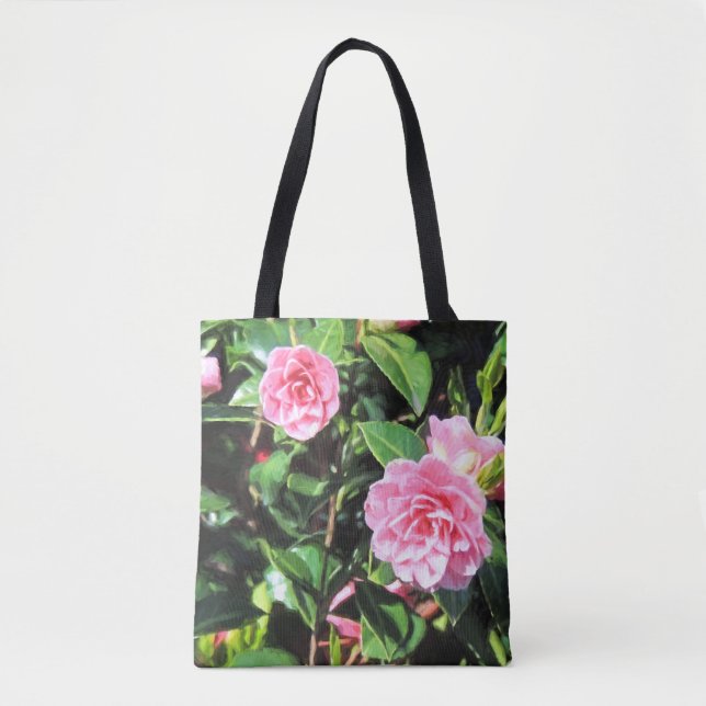Tote Bag Peinture numérique de Camellias roses sur tout le  (Devant)