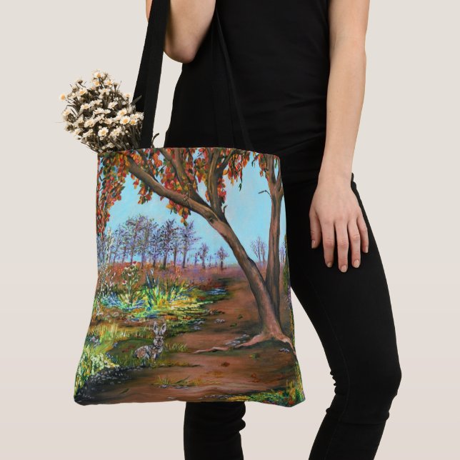 Tote Bag Peinture originale Arbre d'automne et Lapin (De près)