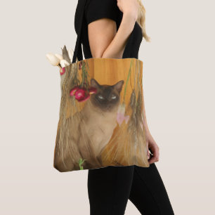 Tote Bag Peinture photo de fleurs séchées de chat siamois