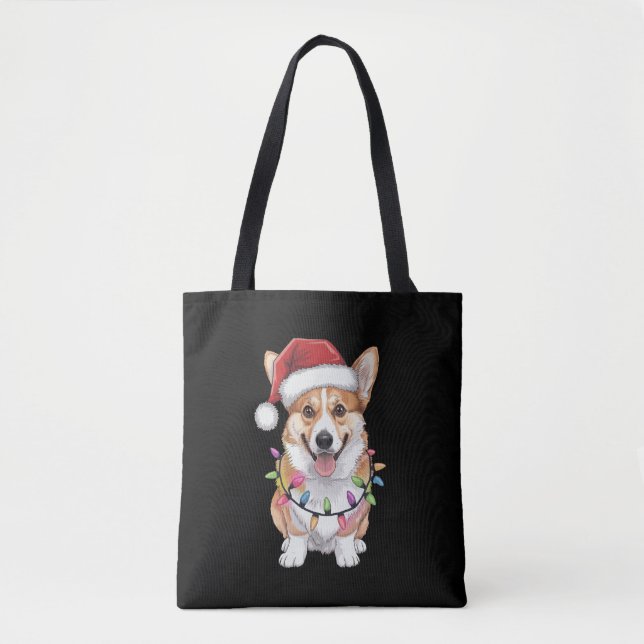 Tote Bag Pembroke Welsh Corgi Père Noël Lumières des arbres (Devant)