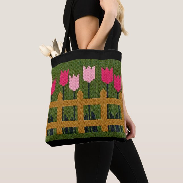 Tote Bag Pence Tulipes roses Vert Crochet Artiste Imprimer (De près)