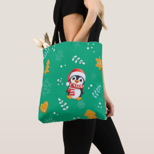 Tote Bag Penguin Père Noël Joyeux Joyeux motif d'arbre de N