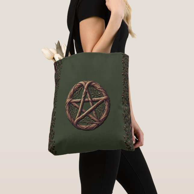 Tote Bag Pentacle bois brindilles Olive Green Wiccan (De près)